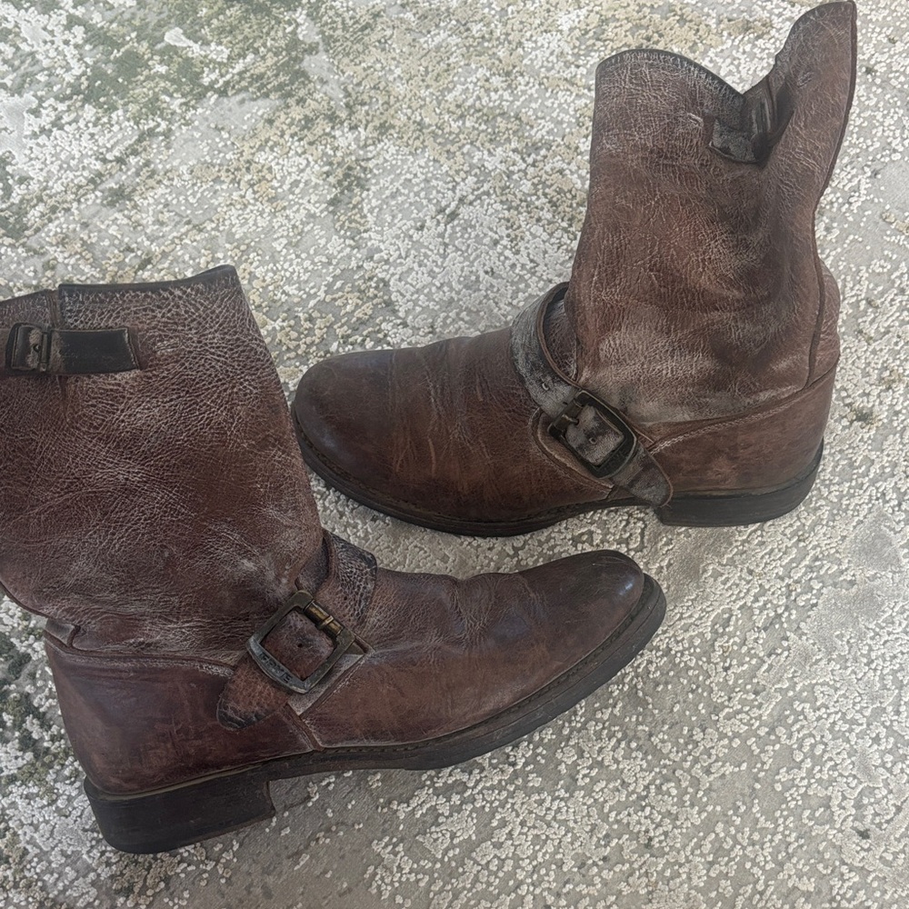 Frye Distressed Brown Leather Buckle Boots